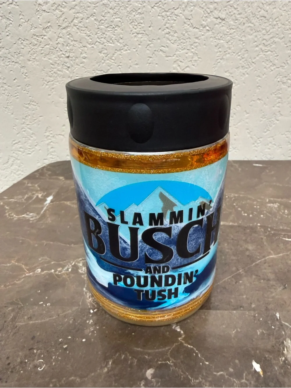 Slammin Busch Poundin Tush Standard 12 oz Can Cooler Hand Painted
